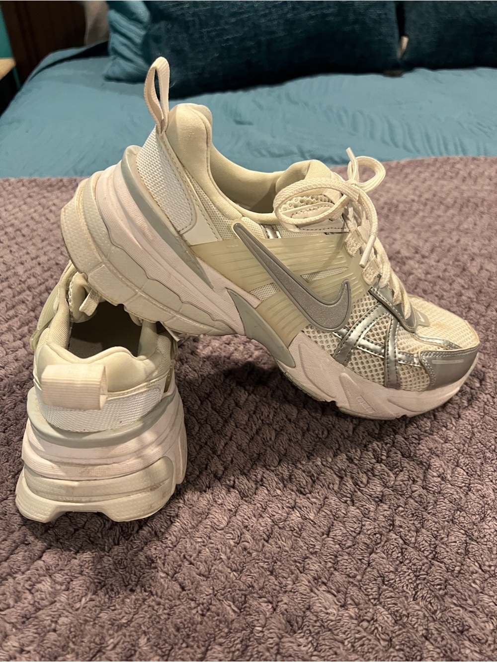 Nike Women's Layered Mesh Trainers in White and Silver